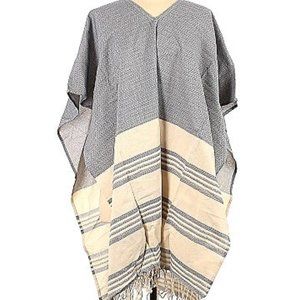 Tribe Alive Caftan Cotton Fringe/Tassel Cover Up Poncho Blue Cream Stripe OS NEW